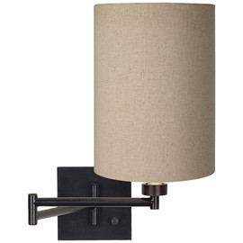Franklin Iron Works Modern Swing Arm Wall Lamp with Cord Espresso Plug-in Light Fixture Dimmable Tan Cotton Blend Cylinder Shade for Bedroom Bedside House Reading Living Room Home Hallway Dining