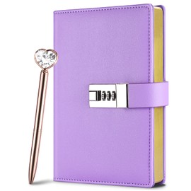 Diary with Lock for Women, B6 Leather Diary with Pen, Gold-Plated Edges, Notebook, Combination, Closed Diary, Planner, Diary (Purple, 19.5 x 13.3 cm)