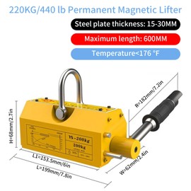 Permanent Magnetic Lifter, 440 lb/200kg Pulling Capacity, Strong Neodymium Magnets Lifting Magnet with Release Handle and Steel Hook for Lifting Plate Steel, Board, Used in Shop Crane, Hoist, Board