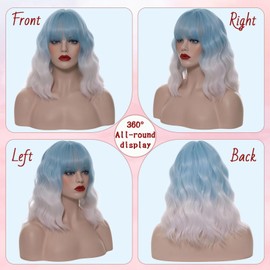 WGPFWIG Short Pastel Blue Ombre White Wig Short Curly Wavy Wig For Women With Bangs 14 Inch Shoulder Length Flat Bangs Wig For Women Cosplay Party Halloween Wig Cap (Pastel Blue Ombre White)