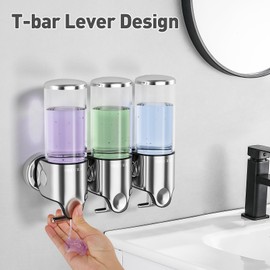 Secura Triple Wall Mounted Soap Dispenser, 3 x 17 fl oz Shampoo and Soap Dispensers Perfect for Home & Kitchen (Stainless Steel)