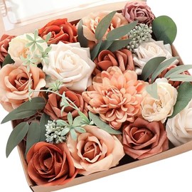 Floroom Terracota Flores Artificiales Rosas Falsas Naranja Quemado Peonías Dalias Verdes Combo Caja para Ramos de Boda, Centros de Mesa, Arreglos Florales, Mesas de Fiesta, Decoración del Hogar