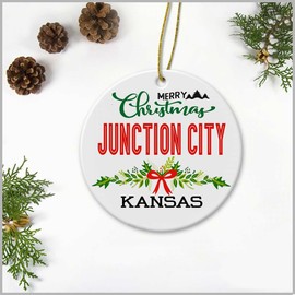 Merry Christmas Junction City Kansas Ornament - Plastic Round Decoration Ornament Keepsake Christmas Tree Decor Housewarming Gifts Ideas for Friends, Family Members, Couples and Newlywed