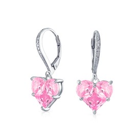 Bridal Anniversary Wedding Romantic 4CT AAA CZ Pink Heart Shaped Cubic Zirconia Dangle Lever back Earrings For Women Girlfriend Invisible Cut .925 Sterling Silver