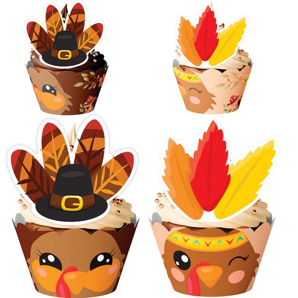 Turkey Thanksgiving Cupcake Toppers + Wrappers 48pcs Kit | Fall, Thanksgivin, Christmas Table Decorations | Cute desing with top hat and leaves, Food Picks Pumpkin Harvest Dinner Party Supplies
