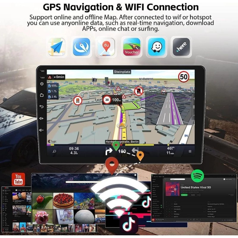 Podofo 10.1" Car Radio CarPlay Android 13 WiFi GPS FM