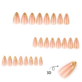 24Pcs Gold French Tip Press on Nails Medium Almond Fake Nails 3D Gold Irregular Line with Rhinestones Designs Glossy Full Cover Chrome Glue on Nails Pink False Nails for Women Girls Acrylic Nails