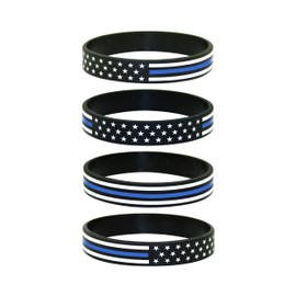 Great 1 Thin Blue Line American Flag Silicone Stretchable Bracelet 4-Pack - Police Law Enforcement