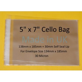celloexpress 5 x 7 Cellophane Greeting Card Display Bags 30 Micron Self Seal - 138mm x 185mm + 30mm Flap - Pack of 250