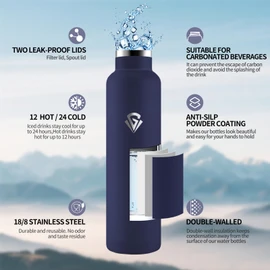 Thermos Flask, 1000 ml, BPA-Free, Stainless Steel, Leak-Proof Insulated Flask, Double-Walled, Stainless Steel, Thermos Flask with Straw, Suitable for Carbonated Drinking Bottle