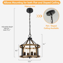 12.5" Farmhouse Chandelier Light Fixtures, 4 Light Rustic Chandeliers, Black and Vintage Wood Finish Metal Industrial Chandelier Lights for Dining Room, Kitchen Island, Hallway, Entryway and Bedroom