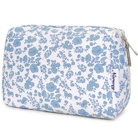 Large Makeup Bag Zipper Pouch Travel Cosmetic Organizer for Women (Little Blue Flower, Large)