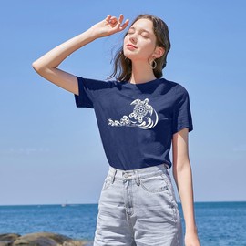 QFM Sea Turtle T Shirts Sea Wave Graphic Tees for Women Vintage Hawaiian Beach Shirts Summer Casual Short Sleeve Tops-Navy Blue XXL