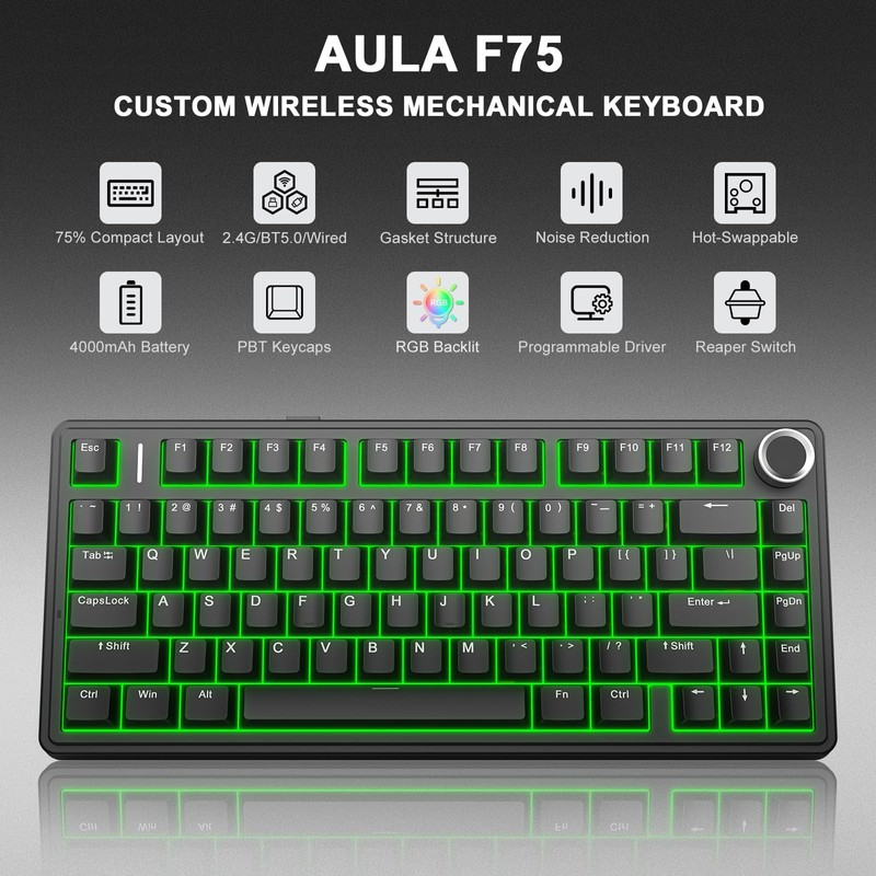 Aula F75 75% Wireless Mechanical Keyboard, Gasket Mount Hot Swappable