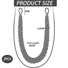 2 Pack Curtain Tie Backs, Grey Tie Backs for Curtains, Rope Curtain Tie Backs, Cotton Curtain Tiebacks, Hand Knitting, for Home Drapes And Curtain Decor Braided Curtain Tiebacks Holders (Grey)