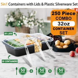PIRTA 50 Pack(250-Piece) 32 oz Meal Prep Containers Reusable with Lids & Clear Plastic Silverware Set, Food Safe, Leakproof, Microwave, Freezer, Dishwasher, To-Go Take Out, Food Storage Bento Box