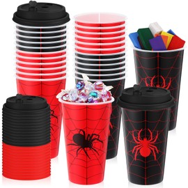 Teenyyou 48 Pcs Spider Cups Spider Party Supplies 16oz Thick Plastic Disposable Reusable Web Birthday Cups with Lids Plugs End of the Year Gifts Bulk (Red,Black)