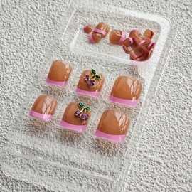 Pink French Tip Press on Toenails Spring Summer Fake Toe Nails Glossy Glue on Toenails Reusable Artificial Acrylic Full Cover Cherry False Nails Short Square Stick on Toes for Women Manicure 24Pcs