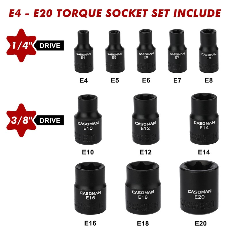 CASOMAN 11PCS Female Torx Socket Set, E Torx & Star
