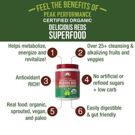 Peak Performance Organic Reds Superfood Powder, Best Tasting Organic Red Juice Super Food w/ 25+ All Natural Ingredients & Polyphenols, Vital for Max Energy and Detox. Raspberry, Elderberry, Beetroot