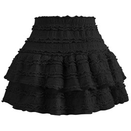 Women's Pleated Ruffle Mini Skirt Lace High Waist Layered Flared Flowy Tiered Short Skirt Solid Black