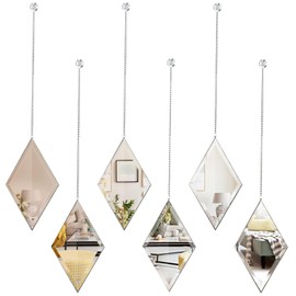 PHOSPHOR Small Silver Wall Decor Mirrors 6 PCS, Diamond Wall Mirror with Hanging Chain, Wall Mirrors for Living Room