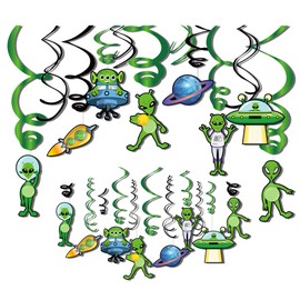 30CT Alien Hanging Swirl Party Decorations, UFO Theme Party Supplies Foil Swirl Ceiling Hanging Decor for Birthday Party Decorations, Green Alien Outer Space Saucer Party Decor for Kids Birthday Party