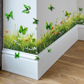 Mirabuy Green Plant Grass Wall Corner Decals Flowers with 3D Butterflies Base Board Skirting Line Wall Stickers for Staircase Living Room Kitchen Bedroom