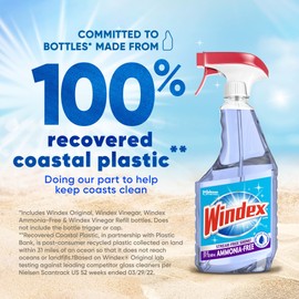 Windex Windex Glass and Window Cleaner Spray Bottle, Ammonia Free, Bottle Made from 100% Recovered Coastal Plastic, Surface Cleaning Spray, Crystal Rain Scent, 32 Fl Oz