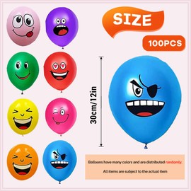 Pack of 100 Smiley Balloons, 12 Inch Emotion Series Latex Balloons, Colourful Party Balloons, Cute Funny Balloons for Children, Latex Balloons with Different Faces for Birthday Decoration