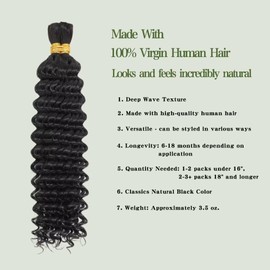 Bulk Deep Wave Human Hair for Braiding Boho Braids Human Hair for Bohemian Knotless Braids Braiding Hair Micro Braiding Hair No Weft Human Hair Extensions 2Bundles(Natural Black#,24inch)