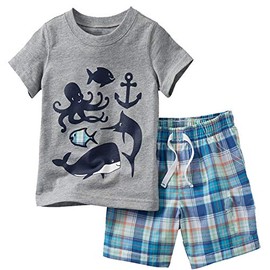 Conjunto de camiseta y pantalones cortos de verano de algodón para niño pequeño, Peces grises, 3T / 4T