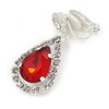 Ruby Red/Clear Crystal Teardrop Clip On Earrings In Silver Tone