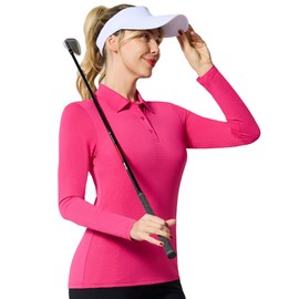 Women's Fishing Polo Shirts Long Sleeve Collared UPF 50+ Quick Dry Performance Rashguard for Women Activewear(Rose Red,2XL)
