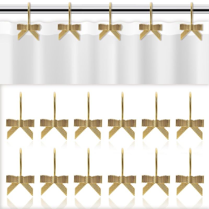 CTOHN 12-Piece Gold Bow Shower Curtain Hooks, Cute Metal Bows