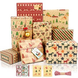 Christmas Wrapping Paper 8 Sheets Red and Brown Christmas Wrapping Paper with Tags Stickers Paper Rope Kraft Wrapping Paper for Christmas New Year Holiday Xmas Wrapping paper for Adults Kids