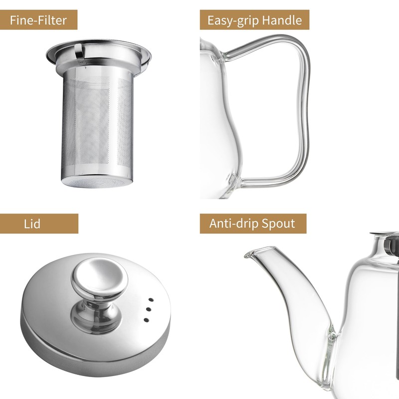 Glass Tea Pot with Infuser and Lid, Heat Resistance Borosilicate