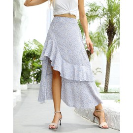 BTFBM - Falda Larga de Verano para Mujer, Estilo Bohemio, con Estampado Floral, Cintura elástica, con Volantes, Alta y Baja, Z Azul Claro, M