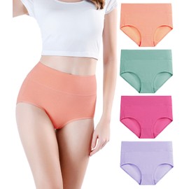 wirarpa Women's 4 Pack Cotton Underwear High Waisted Briefs Ladies Panties Underpants Green Orange Red Purple X-Large