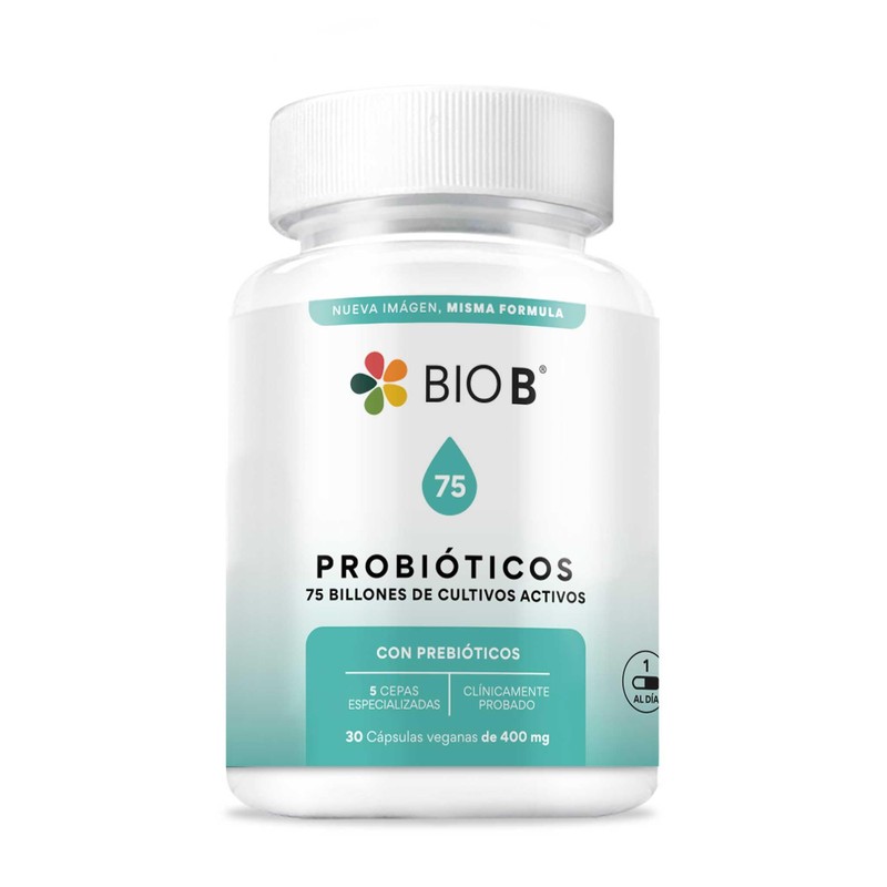 BIO B Probióticos 75 billones UFC prebióticos 30 cápsulas veganas