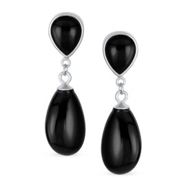 Classic Simple Gemstone Dangle Delicate Double Tear Real Black Onyx Green Jade Drop Earrings for Women 14K Yellow Gold Overlay .925 Sterling Silver, Sterling Silver, Onyx