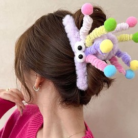Large Dopamine Shaped Hairpin Funny Plush Eyes Spring Colorful Claw with 8 Small Springs Suitable for Women with Dense Hair, Anti Slip, Strong Grip Hairpin, Purple