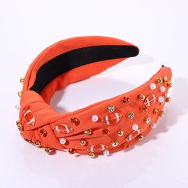 Football Headband for Women Football Mom Accessories Game Day Football Knotted Headband Jeweled Rhinestone Crystal Wide Top Knot Headband White Black Red Sport Headband Game Day Hair Accessory (Red)
