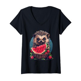 Womens Watermelon Hedgehog Strawberry Artwork Watermelons Fruit V-Neck T-Shirt