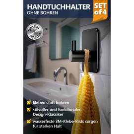 4smile 4smile Handtuchhalter ohne Bohren - 4 Stck schwarze Klebehaken als Handtuchhaken Bad Edelstahl rostfrei - Hochwertige Haken selbstklebend, Wandhaken, klassisches Design