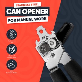 HiFEN® Can Opener Manual, Heavy Duty Stainless Steel Can Opener with Magnet, Smooth Edge with Sharp Blade Tin Opener Kitchen Gadgets Two Replacement Blades, Multifunctional Bottle Opener - Black