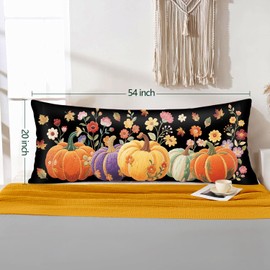 SHIYUE Ultra Soft Long Body Fall Pumpkin Pillow Case, Thanksgiving Printed Body Pillow Cases with Hidden Zipper Cover, 20x54 inches, Home Decorative(Black Flowers)