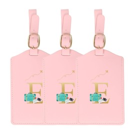YELARXI Luggage Tags, Initial Letter Travel Luggage Baggage Labels PU Leather Tag Waterproof for Privacy Protection ID Suitcase Identifier Backpack (3 Pack, Pink E)