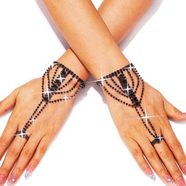 GORTIN Rhinestones Fingerless Gloves Bride Wedding Silver Glove Sparkle Prom Accessories for Women (Black, Free size)