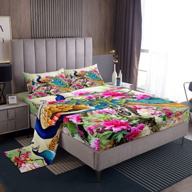 Manfei Peacock Sheet Twin,Elegant Gorgeous Blue Feather Bedding for Teens Girls Woman Room Decor,Pink Flower Animal Theme Bed Sheet Set 3pcs with Deep Pocket Fitted Sheet + Flat Sheet + 1 Pillowcase